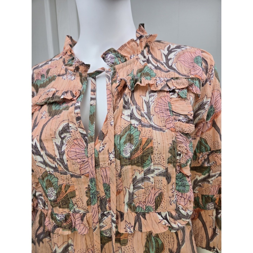 Ivy Jane Shimmer Ruffle V Neck‎ Blouse Top Peach Floral XS Tassel Accent - Picture 5 of 11